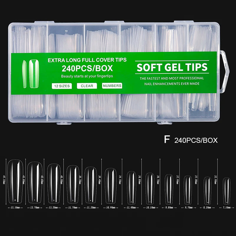Boîte en plastique transparent contenant 240 tips de couverture longues pour extensions d'ongles.