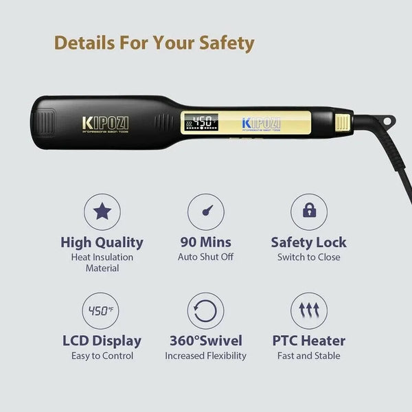 Black professional titanium hair straightener with yellow accents and safety features