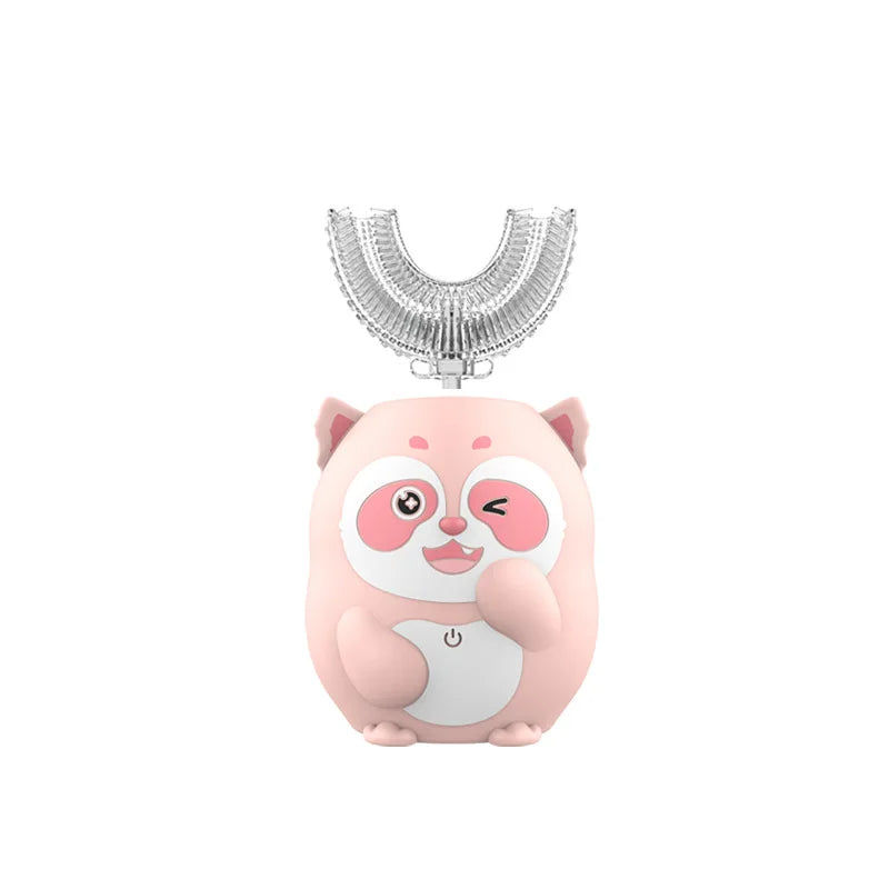 A pink panda-shaped electric toothbrush with a silver brush head and a white body.