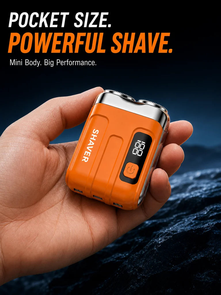 An orange electric shaver is held in a hand against a dark, watery background.