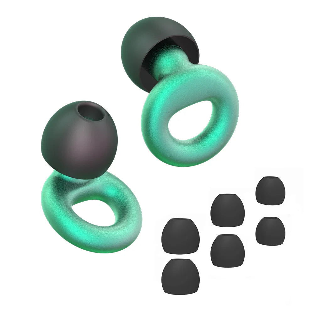 A set of silicone earplugs in dark green and black, showing different sizes and shapes.
