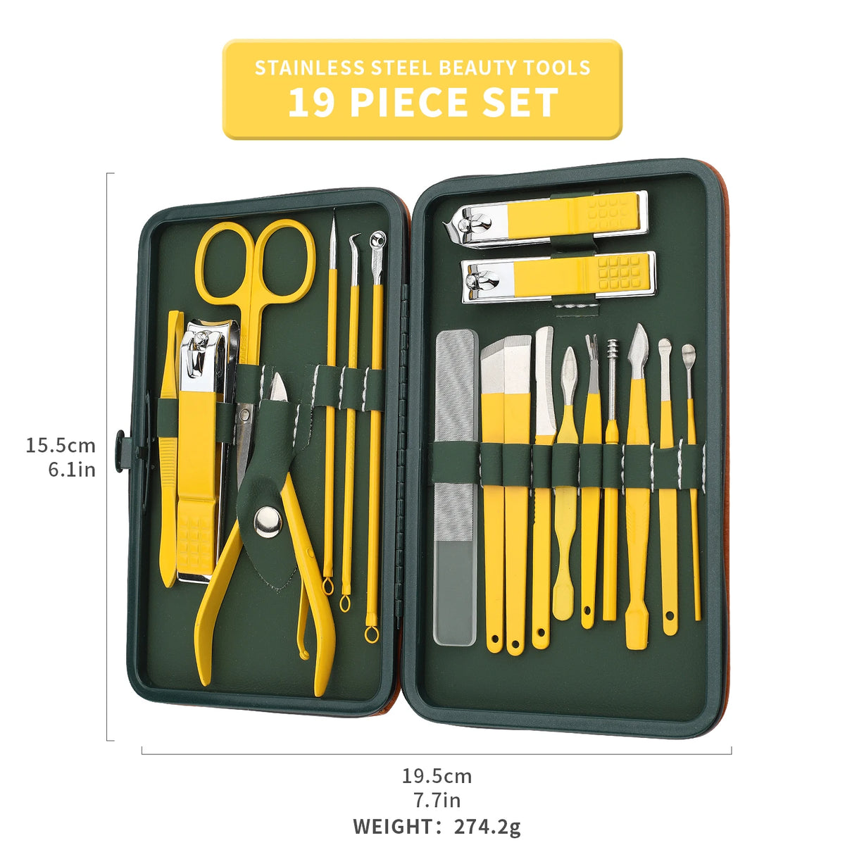 A set of 19 stainless steel beauty tools in a dark green case with yellow handles and blades.