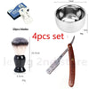 A set of four shaving blades and a professional razor with a wood handle for grooming.