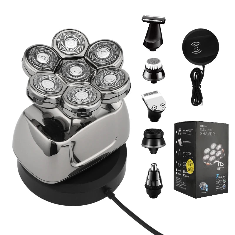 A silver electric shaver set featuring multiple attachments and a charging base.