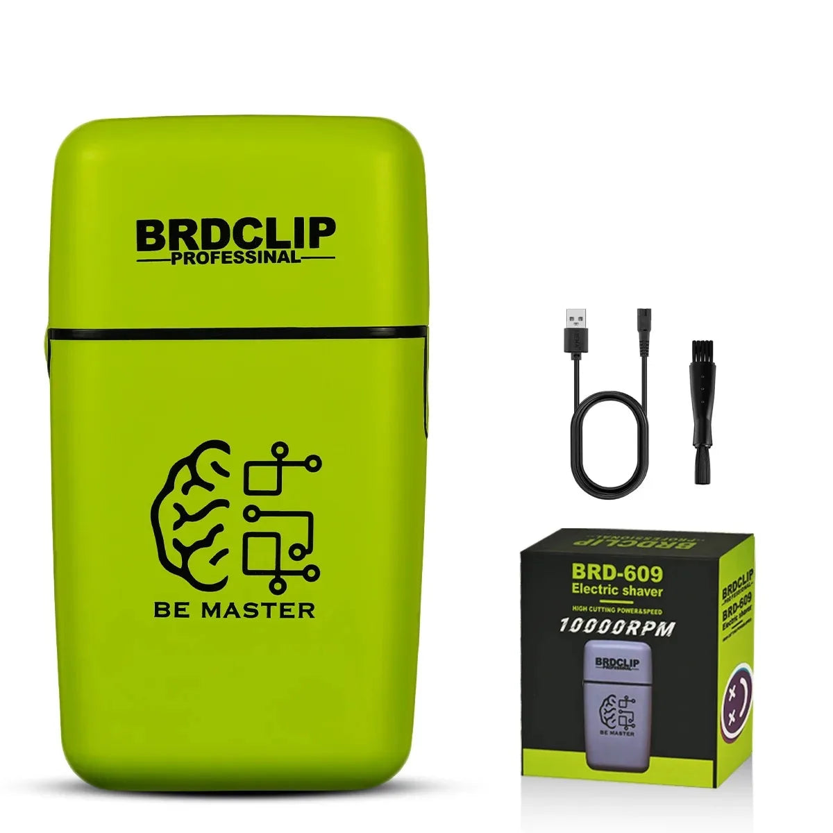 A lime green BRDCLIP professional electric shaver and trimmer set with charging cable.