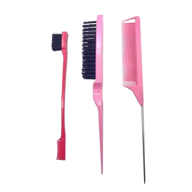 A set of pink hair styling combs and brushes, including a black comb and a pink paddle brush.