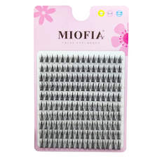 A pink packaging box for Miofia false eyelashes with a grid of black lash clusters.