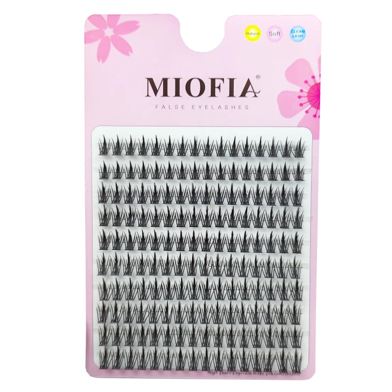 A pink packaging box for Miofia false eyelashes with a grid of black lash clusters.
