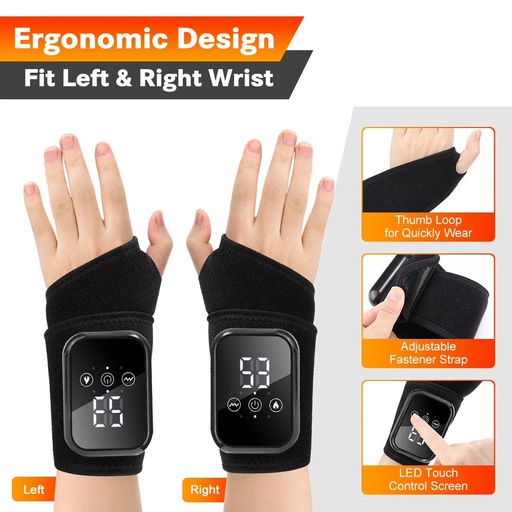 Black ergonomic wrist brace massager shown on left and right wrists with touch control screen