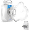 A white portable rechargeable nebulizer device with a clear mask component and a separate mouthpiece shown from the side.