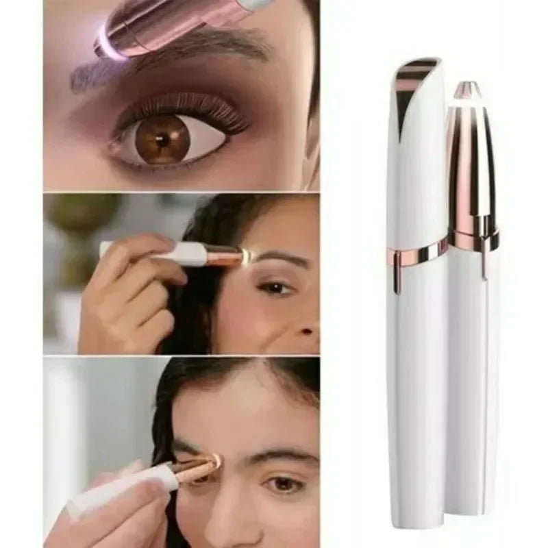 Close-up of a portable electric trimmer used for shaping eyebrows and facial hair on a woman's face.