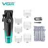 A VGR Voyager professional cordless hair clipper in teal and black with various attachments and a charging cord.