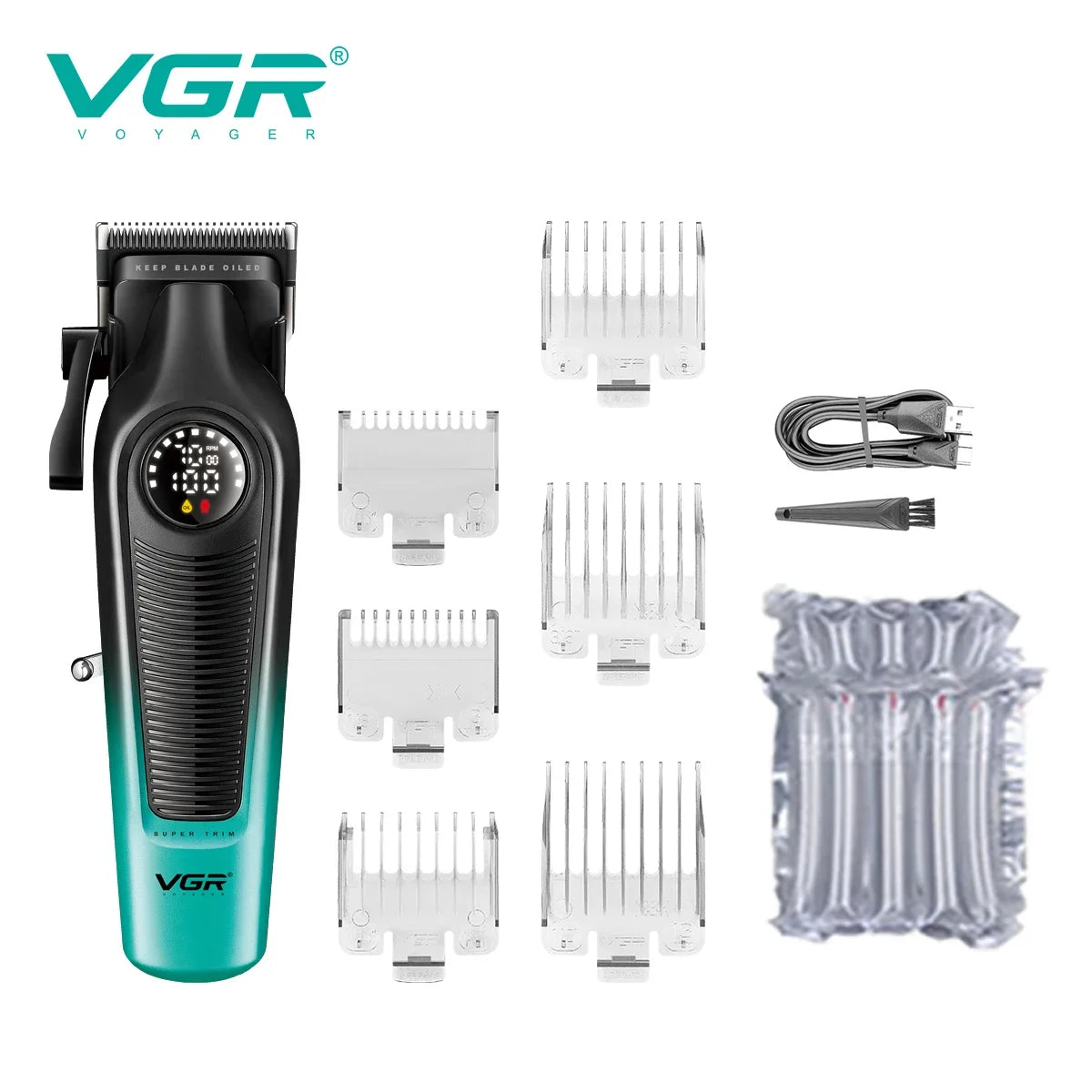 A VGR Voyager professional cordless hair clipper in teal and black with various attachments and a charging cord.