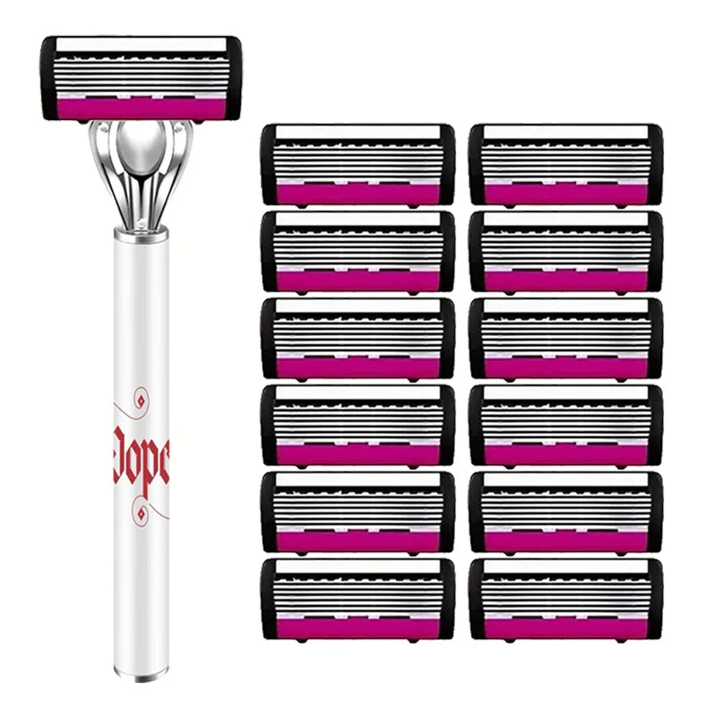 A set of five durable stainless steel razor heads with black and pink stripes displayed on a white stand.