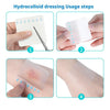 Four steps demonstrating the usage of a hydrocolloid dressing tape on skin.