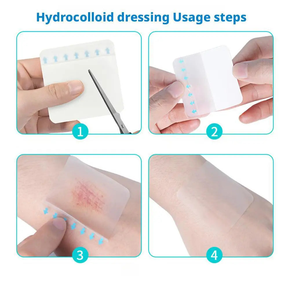 Four steps demonstrating the usage of a hydrocolloid dressing tape on skin.