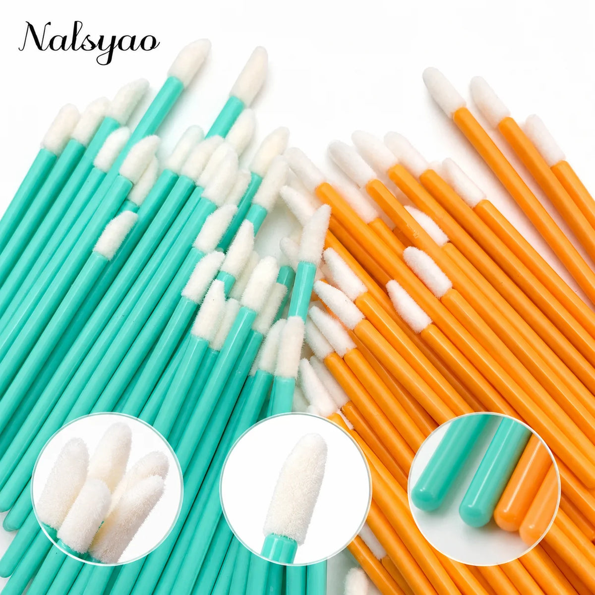 A set of disposable lip applicator brushes in various shades of white, light blue, and orange.