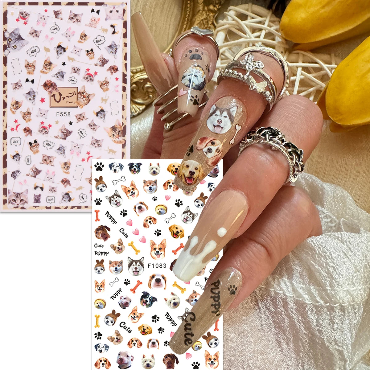 A close-up of a hand displaying various flower and butterfly nail stickers for DIY decoration on fingernails.