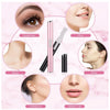 Afeitadora eléctrica de cejas rosa mostrada con diversas áreas faciales como cejas, barbilla, cuello y mejillas.