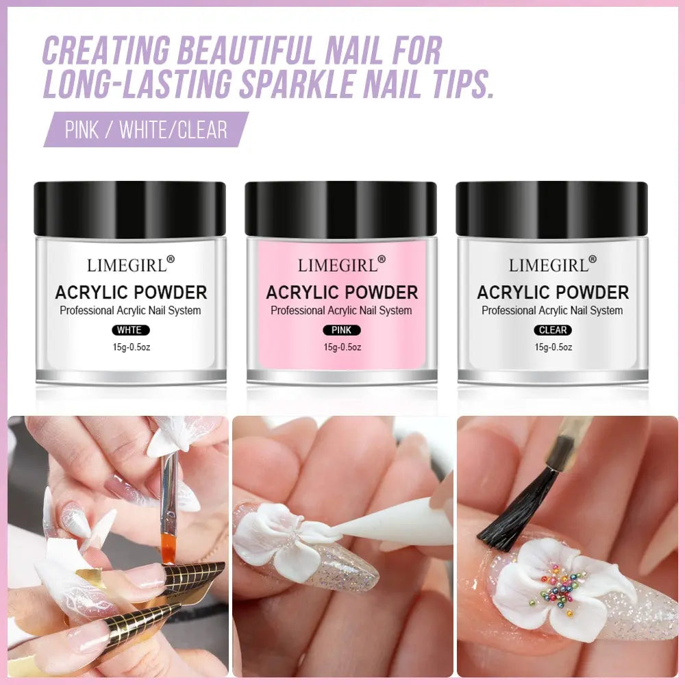 A set of Limegirl acrylic powder nail tips in pink, white, and clear for creating long-lasting sparkle nail tips.