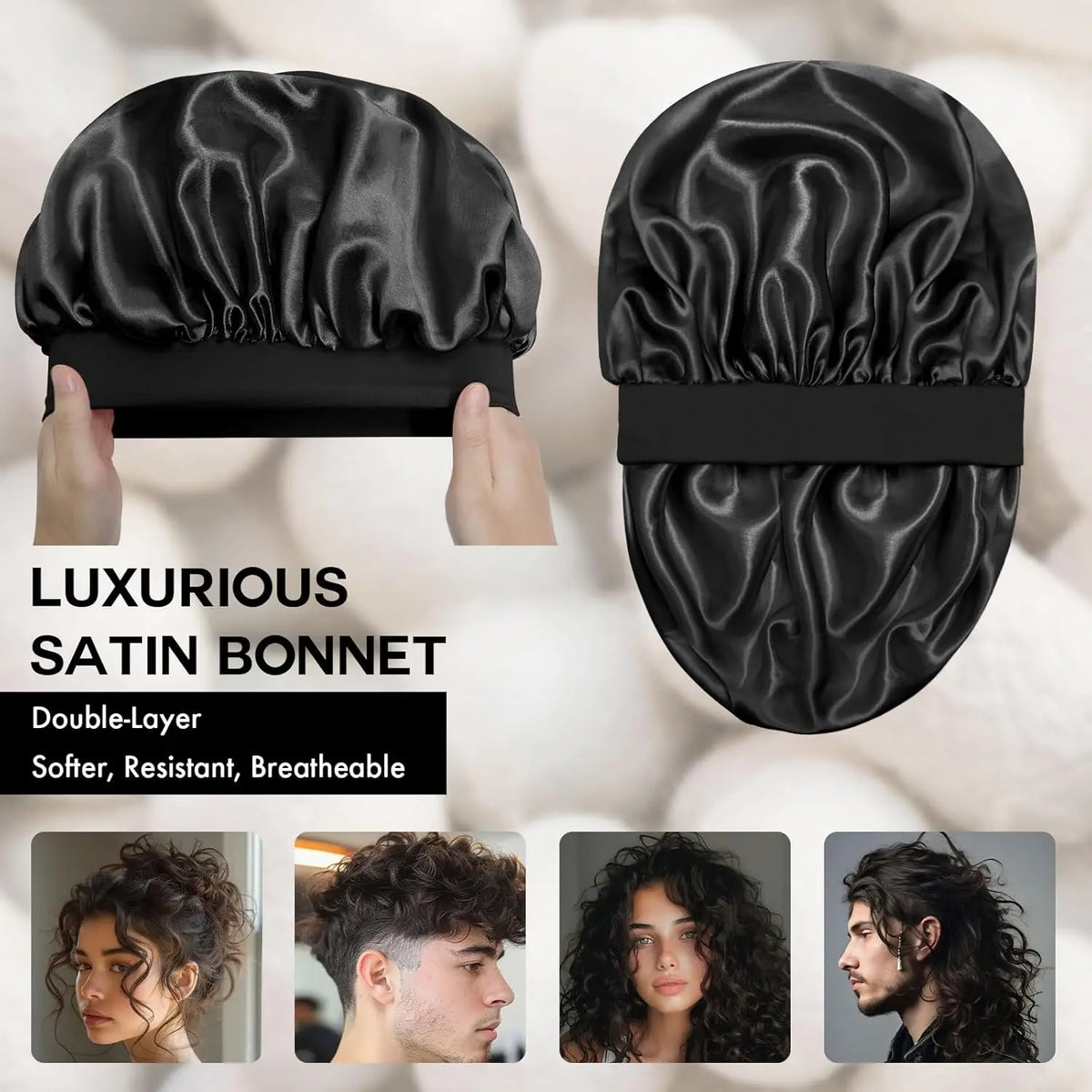 A black satin bonnet is shown being held, with close-ups of women wearing the product on their curly hair.