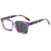 Purple and brown striped multifocal photochromic reading glasses with a dark lens