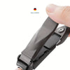A hand holds a black heavy duty self-collecting nail clipper, showing the tool's design.