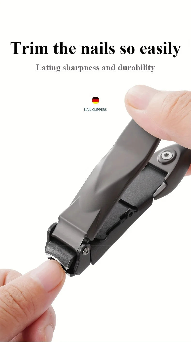 A hand holds a black heavy duty self-collecting nail clipper, showing the tool's design.