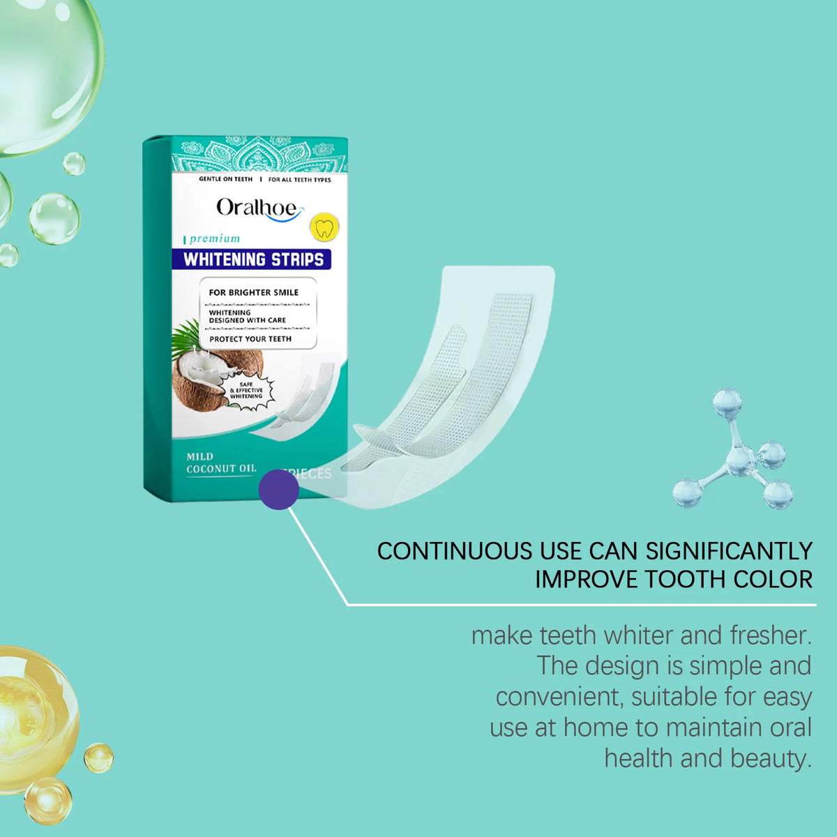 Box of Oralhoo whitening strips with coconut oil and a white strip shown on a teal background.