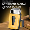 A yellow and black intelligent digital display screen beard shaver with a digital display showing 100% battery life.