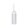 A white portable cordless oral irrigator with a long nozzle and control buttons.