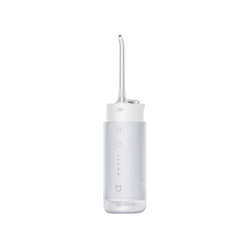 A white portable cordless oral irrigator with a long nozzle and control buttons.