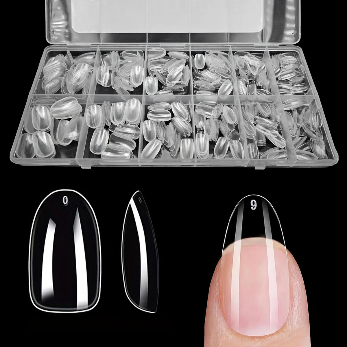 Un étui en plastique transparent contenant un ensemble de pointes à ongles de différentes formes et tailles.