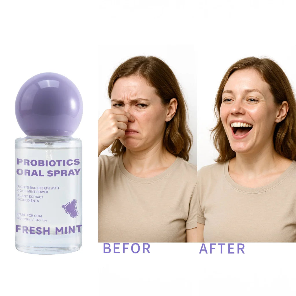 Before and after comparison showing a woman using the Long-Lasting Mint Oral Breath Freshener Spray