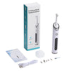 A white electric dental tooth polisher device shown next to its box and accessories.