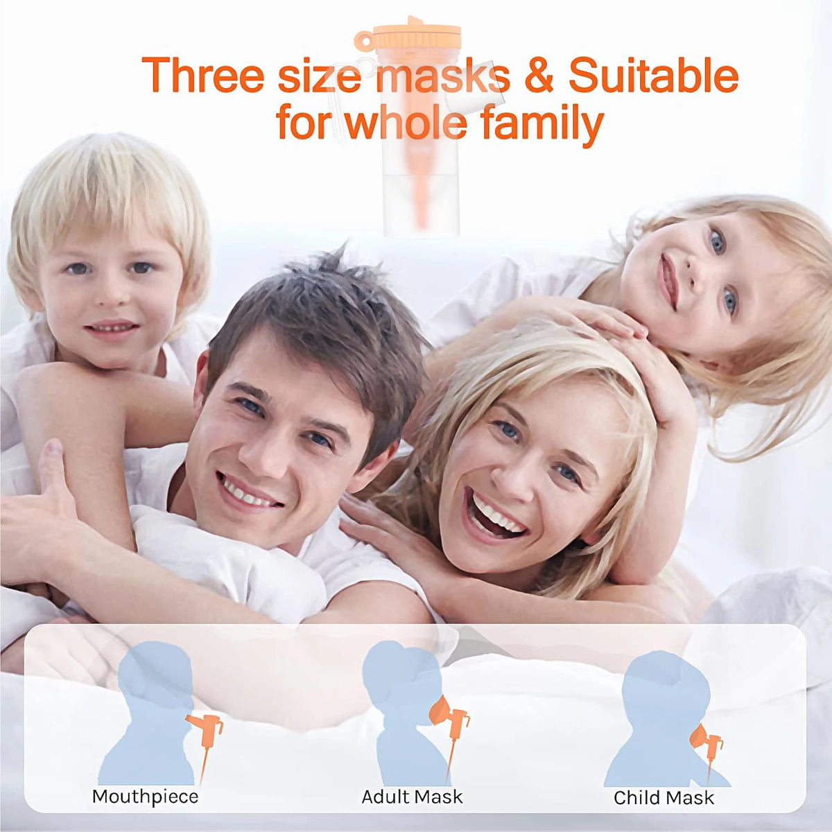 Three size masks for a whole family including mouthpiece, adult mask, and child mask