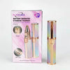 A box and a silver electric eyebrow trimmer shaver for ladies with a gold-colored body.