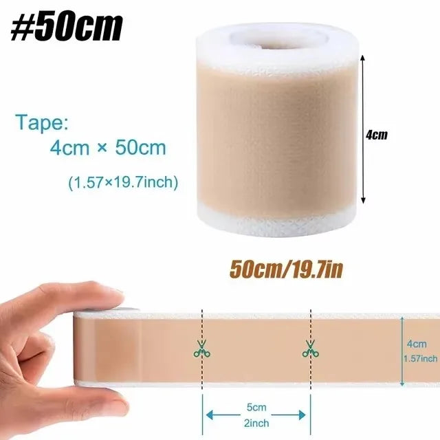 Roll of beige silicone tape measuring 50cm long with a 4cm width, shown next to a hand for scale.