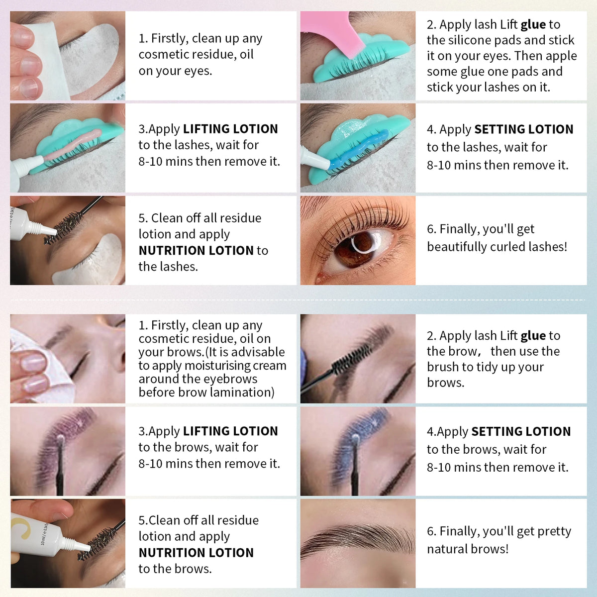 Guide étape par étape pour utiliser un kit professionnel de lifting pour cils et sourcils.
