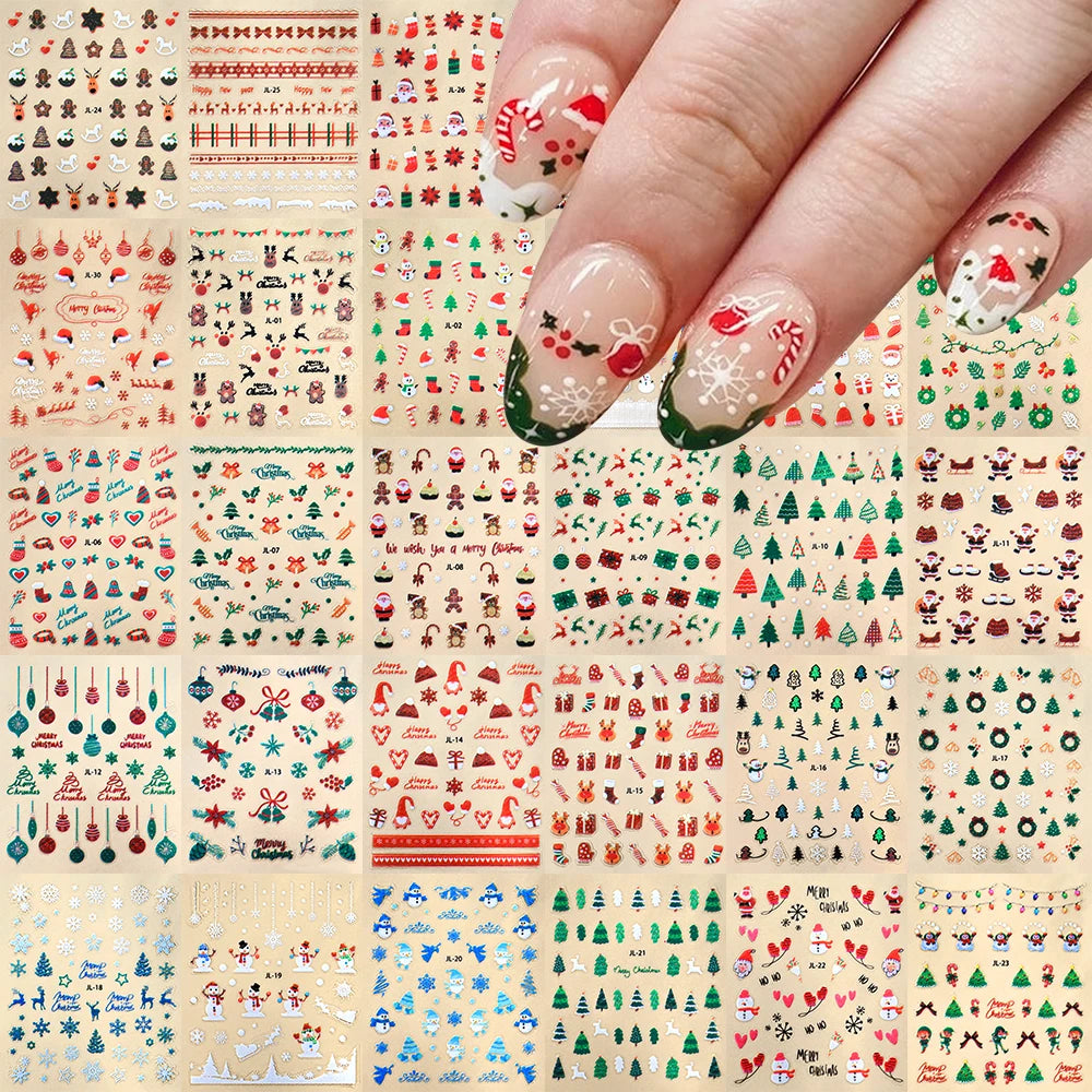 A collection of Christmas Santa Claus 3D nail art stickers featuring various glitter designs and festive seasonal motifs.