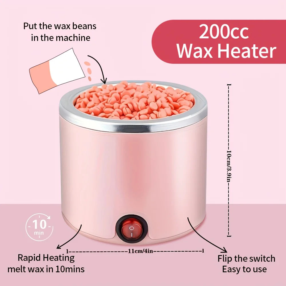 A pink wax heater device shown with wax beans inside, demonstrating rapid heating for melting wax.