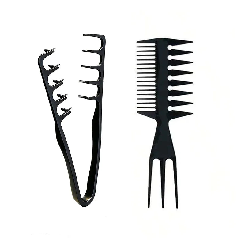 A black men's salon hair styling comb set with multiple teeth and a wide spacing bar.