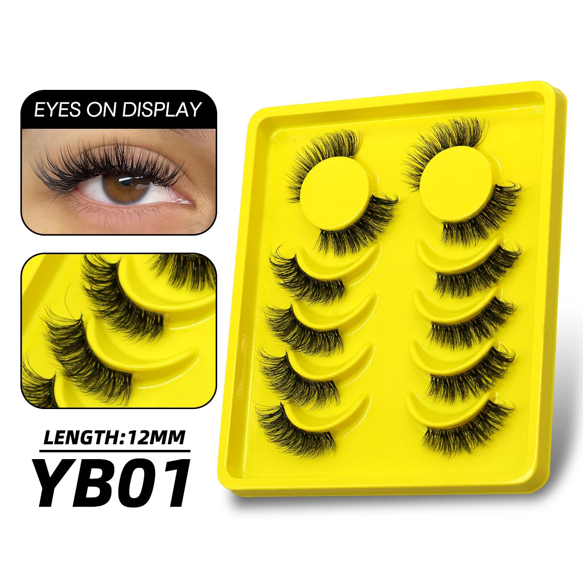 Yellow plastic tray containing 10 pairs of black false eyelashes with a 12mm length.