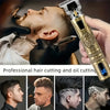 A hand holds a gold-colored electric hair clipper with a blade, demonstrating professional hair cutting and oil cutting.