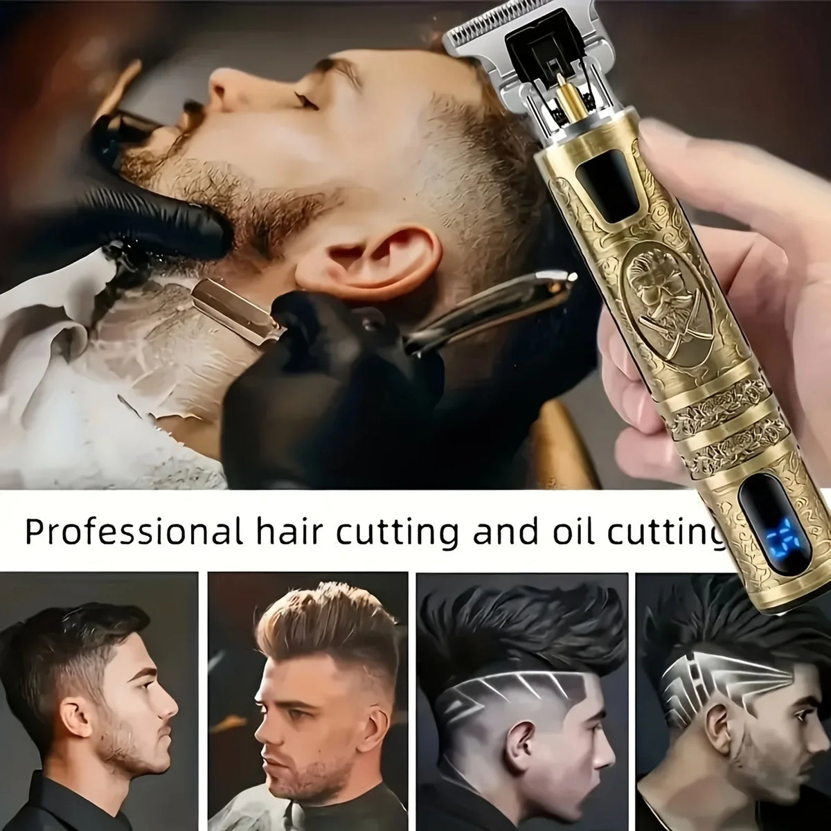 A hand holds a gold-colored electric hair clipper with a blade, demonstrating professional hair cutting and oil cutting.