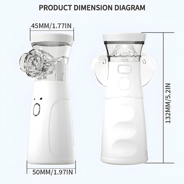 Dimension diagram showing the height and width of a white portable ultrasonic nebulizer device.