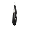 A black professional straight edge barber razor with a metal blade and handle.