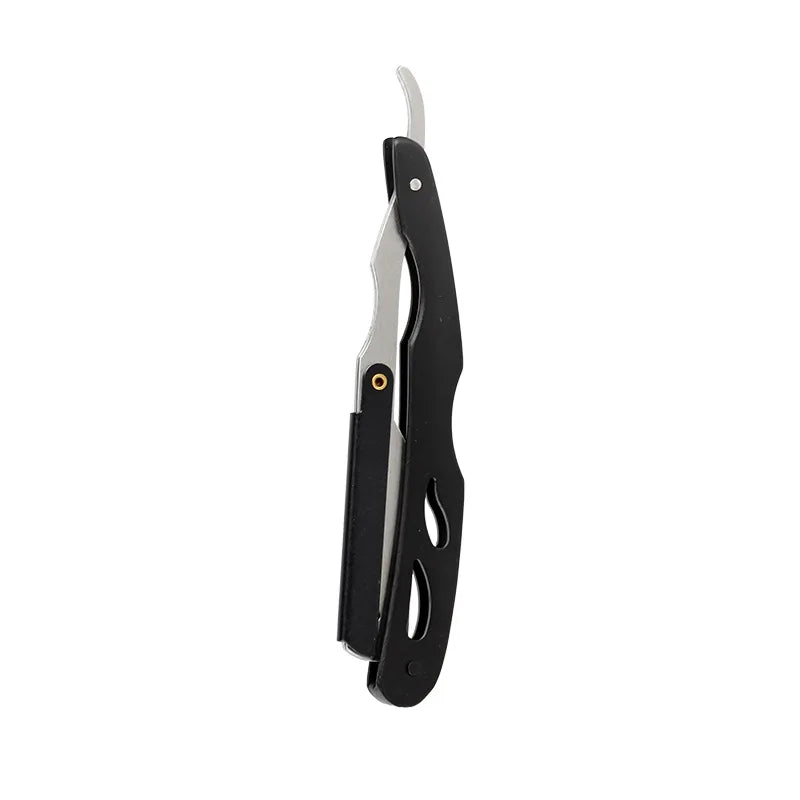 A black professional straight edge barber razor with a metal blade and handle.