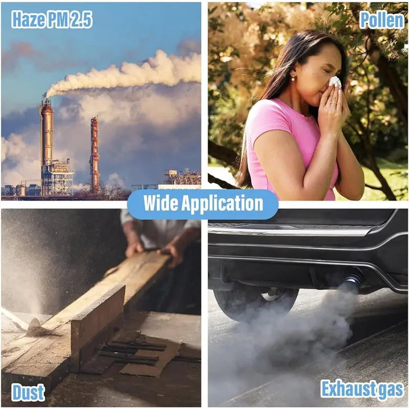 Image showing various applications of disposable sponge nostril dust filters including haze, pollen, dust, and exhaust gas.