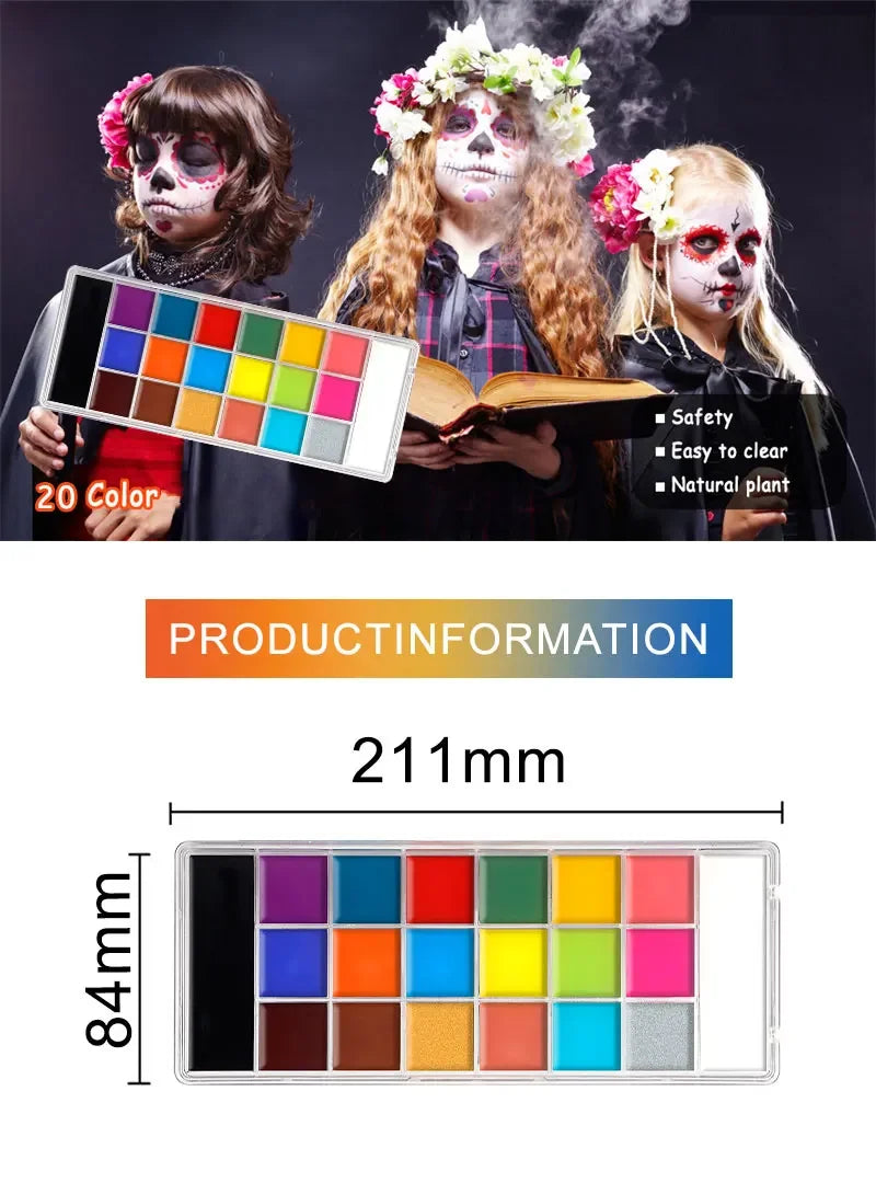 A set of 20 colors of non-toxic body paint displayed in a rectangular palette.